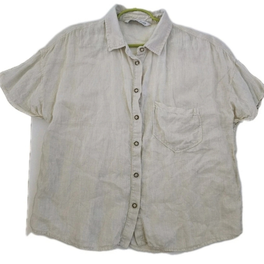 Zara Women's Large White Linen Button Up Pocket Short Sleeve Cropped Blouse